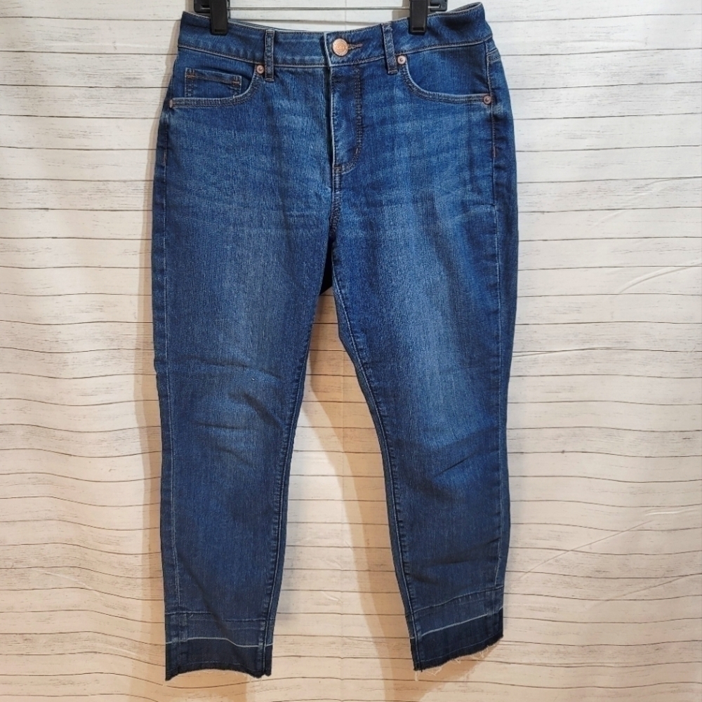 LOFT CURVY SKINNY JEANS, W DARK ANKLE DETAIL & RAW HEM, SZ 4/27